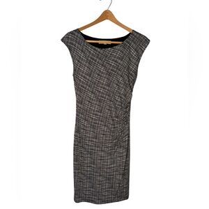 LOFT Black and White Textured Midi Plaid Ruched Sheath Dress